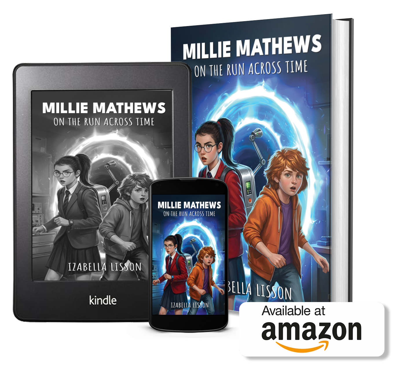 Millie Mathews book, Kindle, and phone mockups